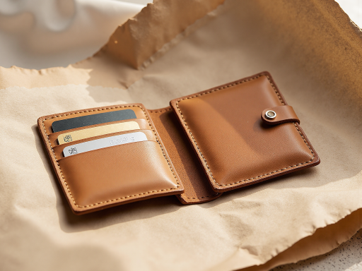 Luxury leather wallet in brown color, clean design, placed on marble surface