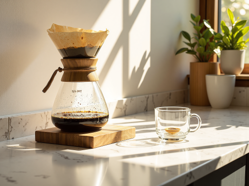 Premium coffee set with ceramic mugs and glass carafe, rustic wooden table setting